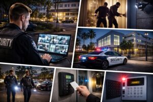 Business property security measures in Los Angeles including surveillance monitoring, access control systems, and security patrols.