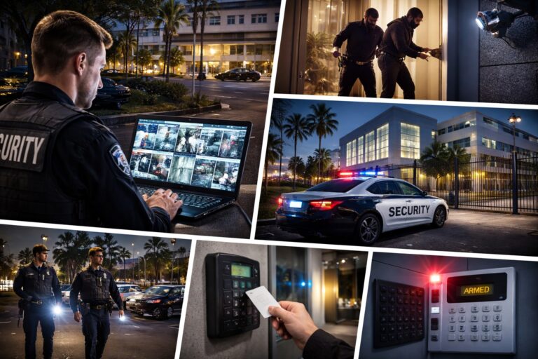 Business property security measures in Los Angeles including surveillance monitoring, access control systems, and security patrols.