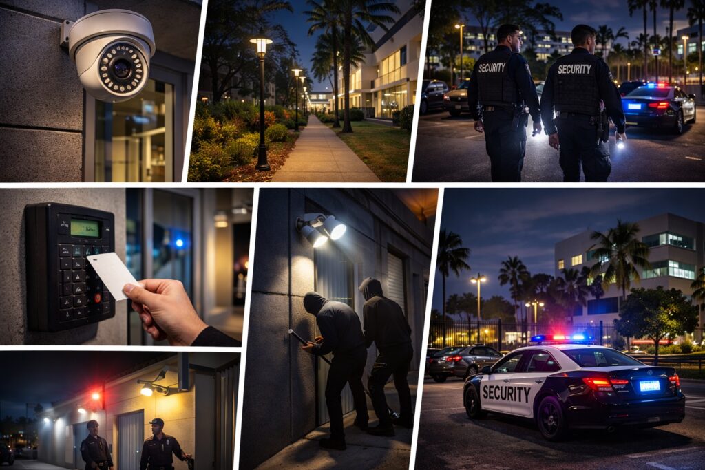 Various commercial property security measures in Los Angeles including surveillance cameras, access control systems, lighting, and security patrols.