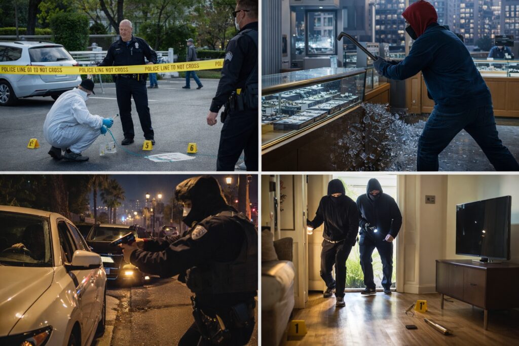 Illustration showing different crime scenarios in Los Angeles including burglary investigation, retail theft, carjacking, and home intrusion.