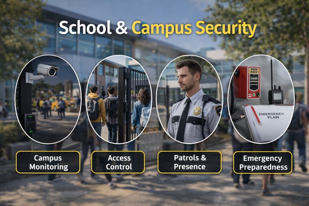 School and campus security measures including surveillance cameras, controlled access gates, security patrols, and emergency preparedness systems