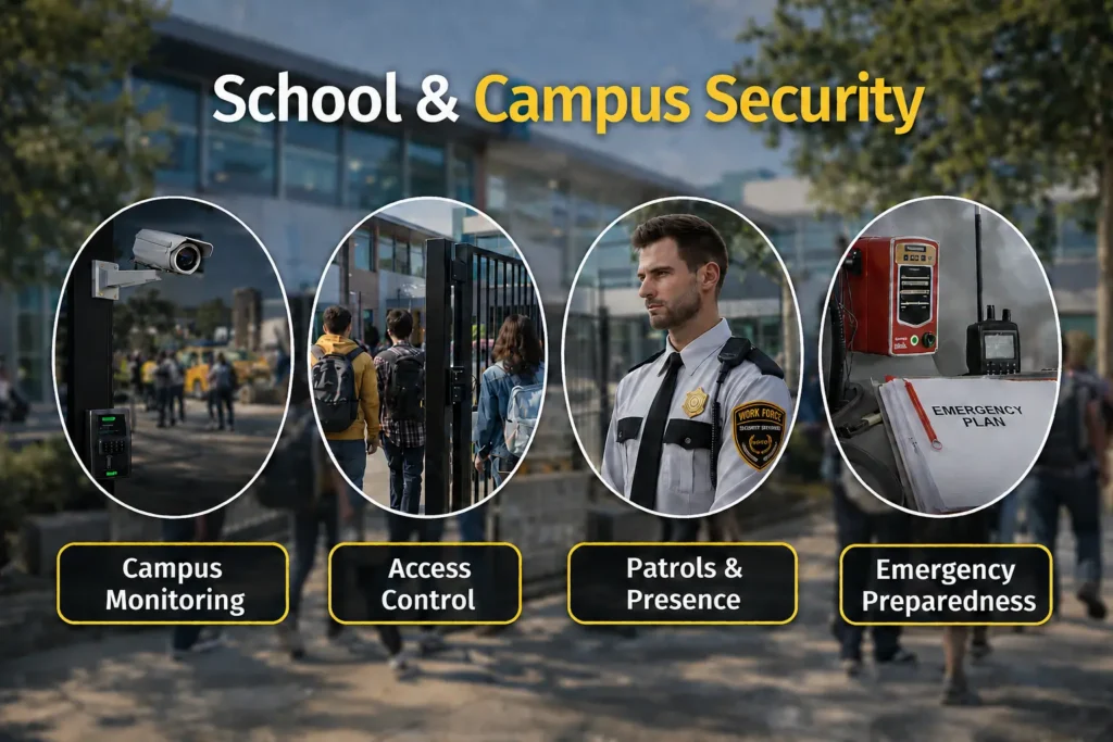 School and campus security measures including surveillance cameras, controlled access gates, security patrols, and emergency preparedness systems