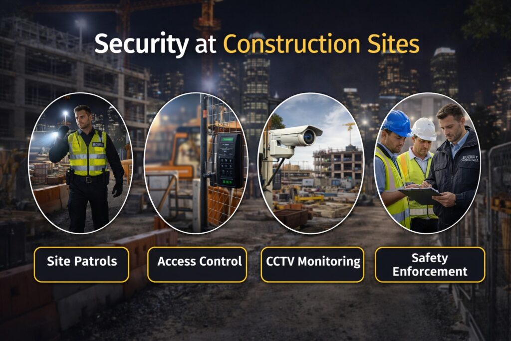 Security measures at construction sites including patrol guard, access control system, CCTV monitoring, and safety enforcement