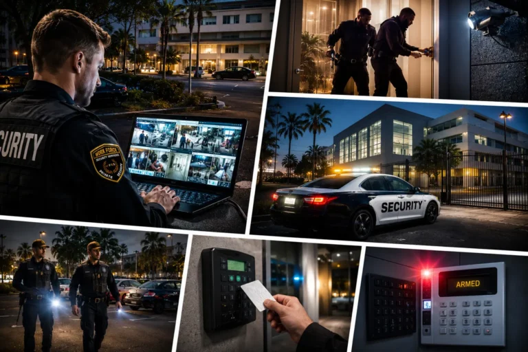 Business property security measures in Los Angeles including surveillance monitoring, access control systems, and security patrols.