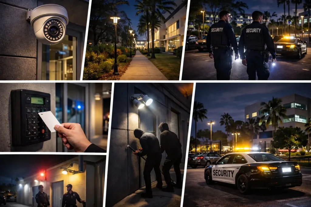 Various commercial property security measures in Los Angeles including surveillance cameras, access control systems, lighting, and security patrols.