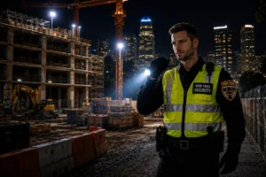 Security guard patrolling construction sites at night in Los Angeles to protect equipment and materials.