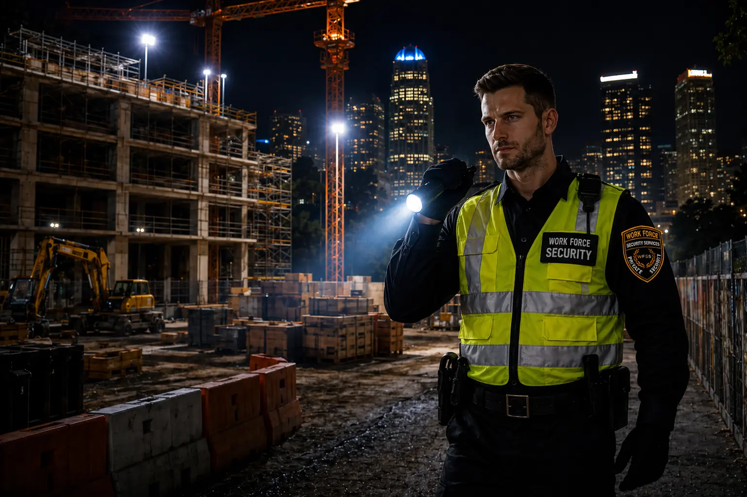 Security guard patrolling construction sites at night in Los Angeles to protect equipment and materials.