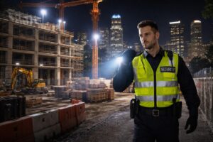 Security guard patrolling construction sites at night in Los Angeles to protect equipment and materials.