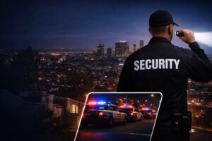 Private security guard monitoring Los Angeles city at night with police patrol vehicles in the background.