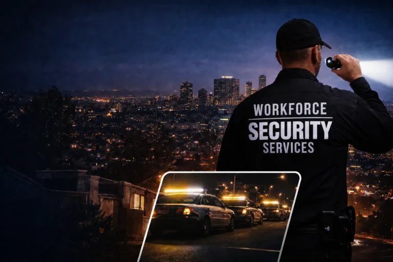 Private security guard monitoring Los Angeles city at night with police patrol vehicles in the background.