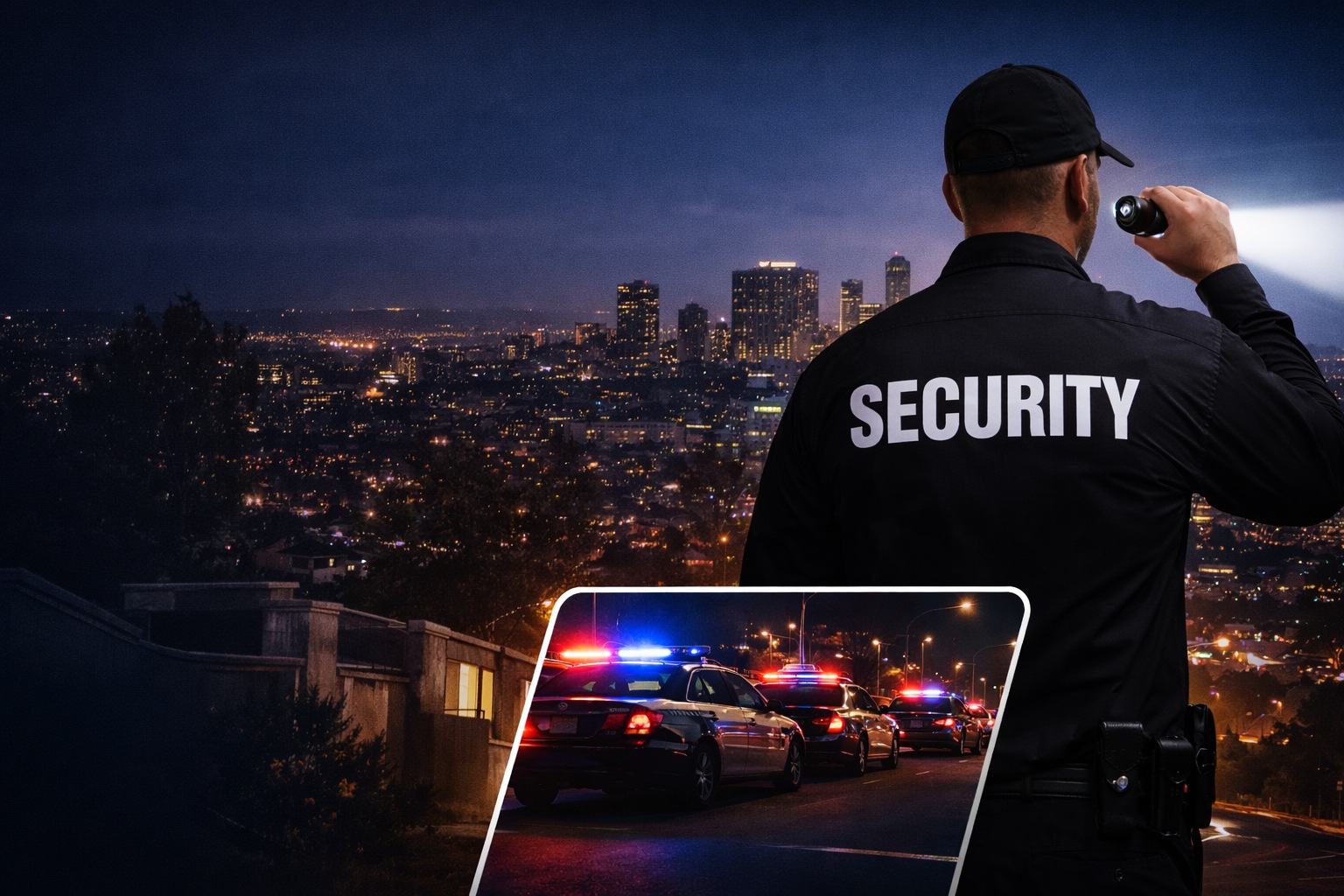 Private security guard monitoring Los Angeles city at night with police patrol vehicles in the background.