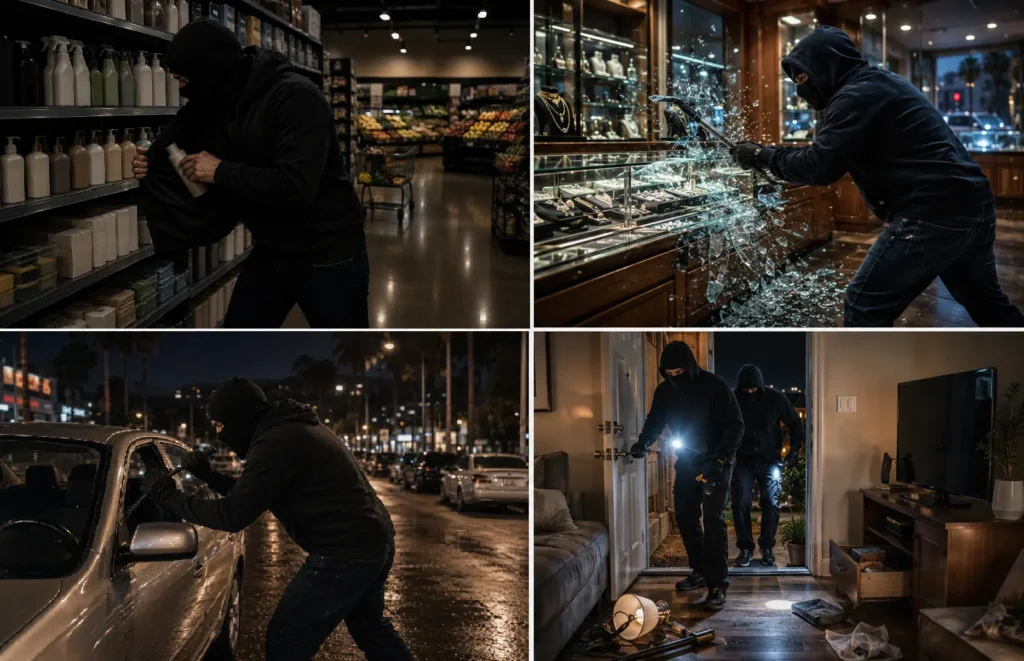 Illustration showing different crime scenarios in Los Angeles including burglary investigation, retail theft, carjacking, and home intrusion.