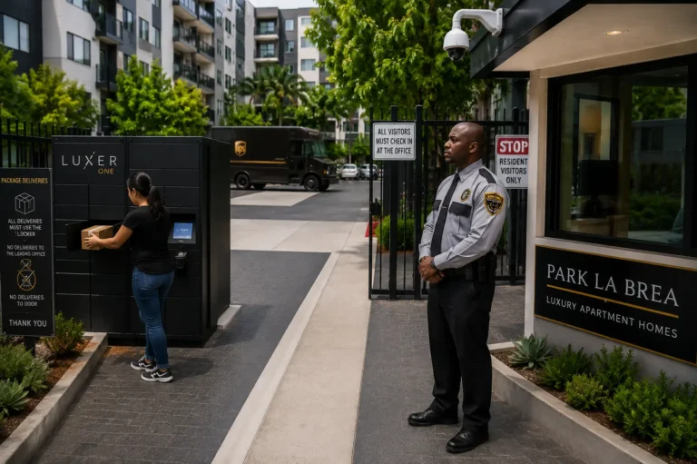 Security guard monitoring package deliveries at a gated residential community with secure parcel lockers and controlled condominium entrance in Los Angeles to help prevent package theft