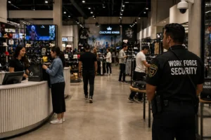 Security officer discreetly monitoring customers and store activity in a modern retail shop with surveillance cameras and organized checkout counters in Los Angeles
