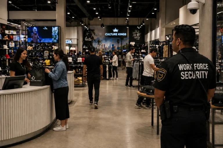 Security officer discreetly monitoring customers and store activity in a modern retail shop with surveillance cameras and organized checkout counters in Los Angeles