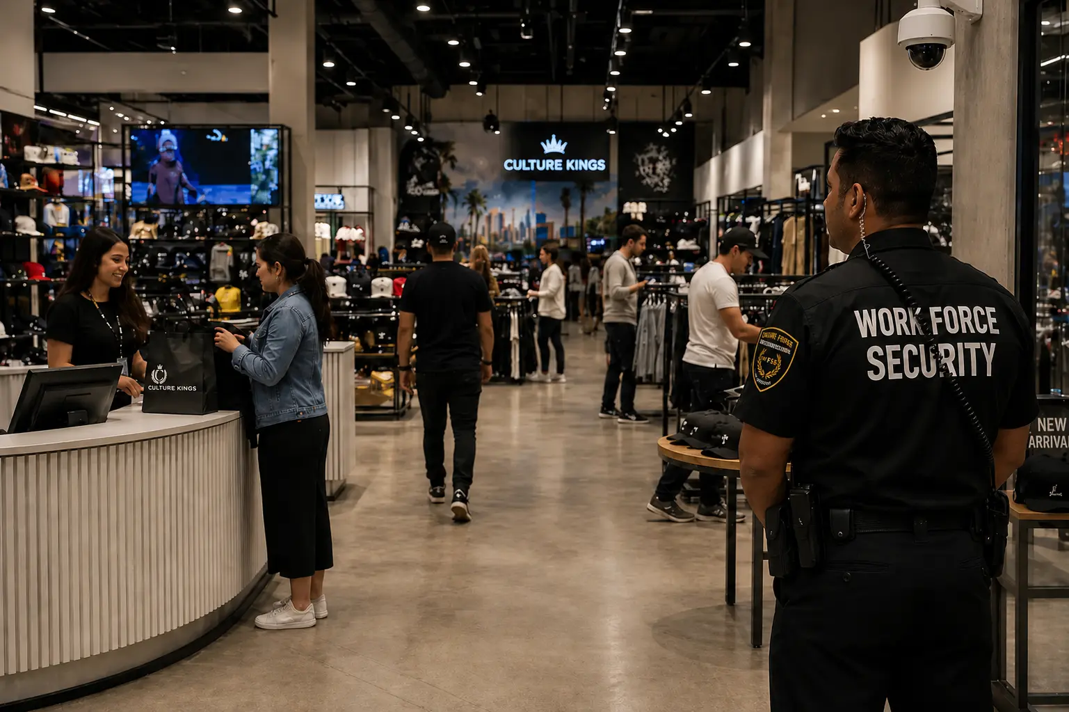 Security officer discreetly monitoring customers and store activity in a modern retail shop with surveillance cameras and organized checkout counters in Los Angeles