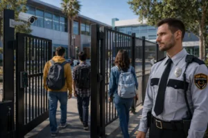 Security guard monitoring entrance at a school campus in Los Angeles to maintain student safety.