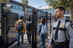 Security guard monitoring entrance at a school campus in Los Angeles to maintain student safety.