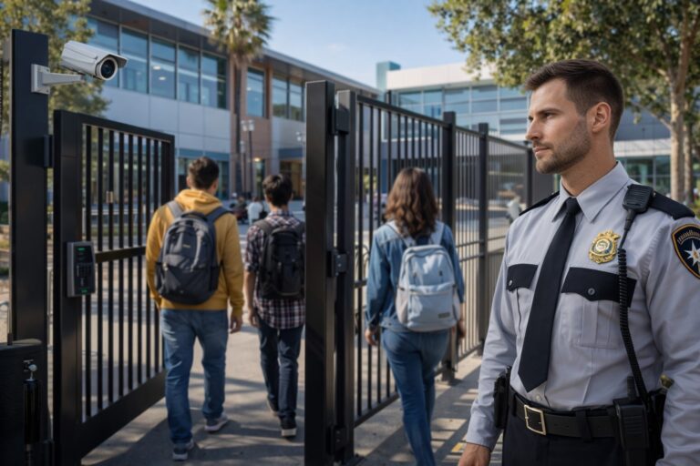 Security guard monitoring entrance at a school campus in Los Angeles to maintain student safety.