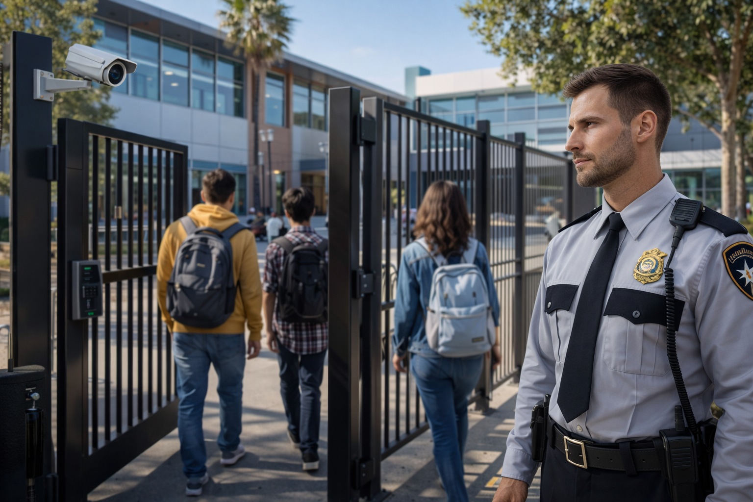 Security guard monitoring entrance at a school campus in Los Angeles to maintain student safety.