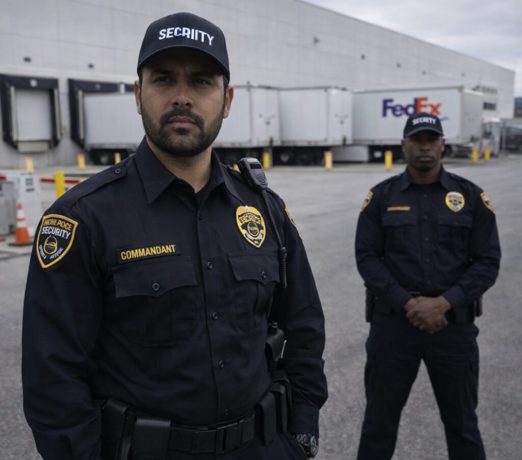 Security guards monitoring a logistics warehouse loading dock to ensure safety and access control