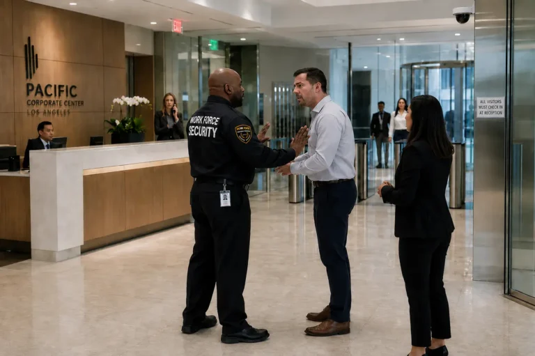 Security officer professionally de-escalating a tense workplace situation in a corporate office lobby with surveillance cameras and controlled access in Los Angeles