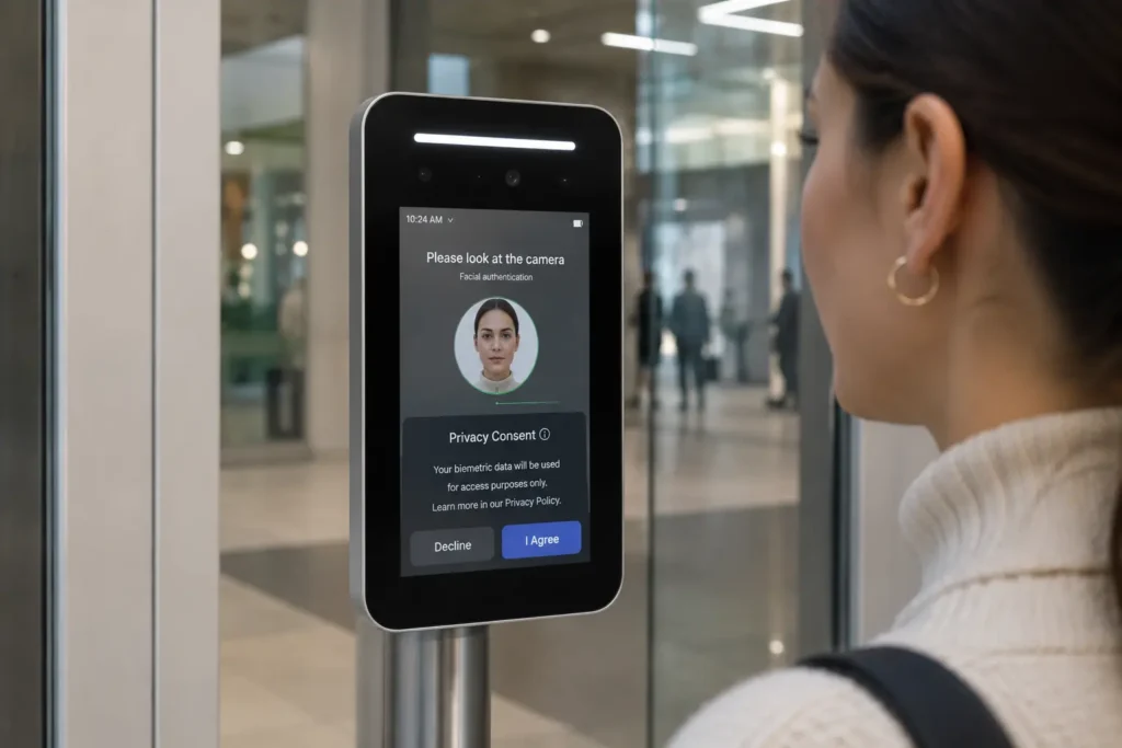 Person using biometric facial recognition access control system with privacy consent notice at a commercial building entrance