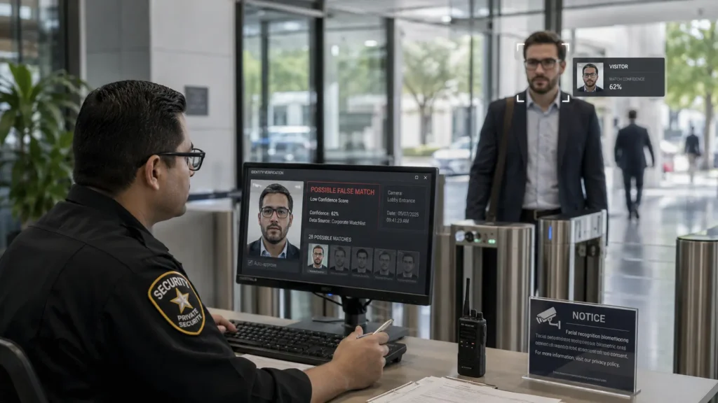 Private security officer reviewing possible false facial recognition match during visitor identity verification at a commercial building entrance