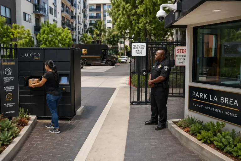 Security guard monitoring package deliveries at a gated residential community with secure parcel lockers and controlled condominium entrance in Los Angeles to help prevent package theft