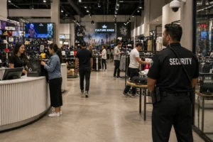 Security officer discreetly monitoring customers and store activity in a modern retail shop with surveillance cameras and organized checkout counters in Los Angeles