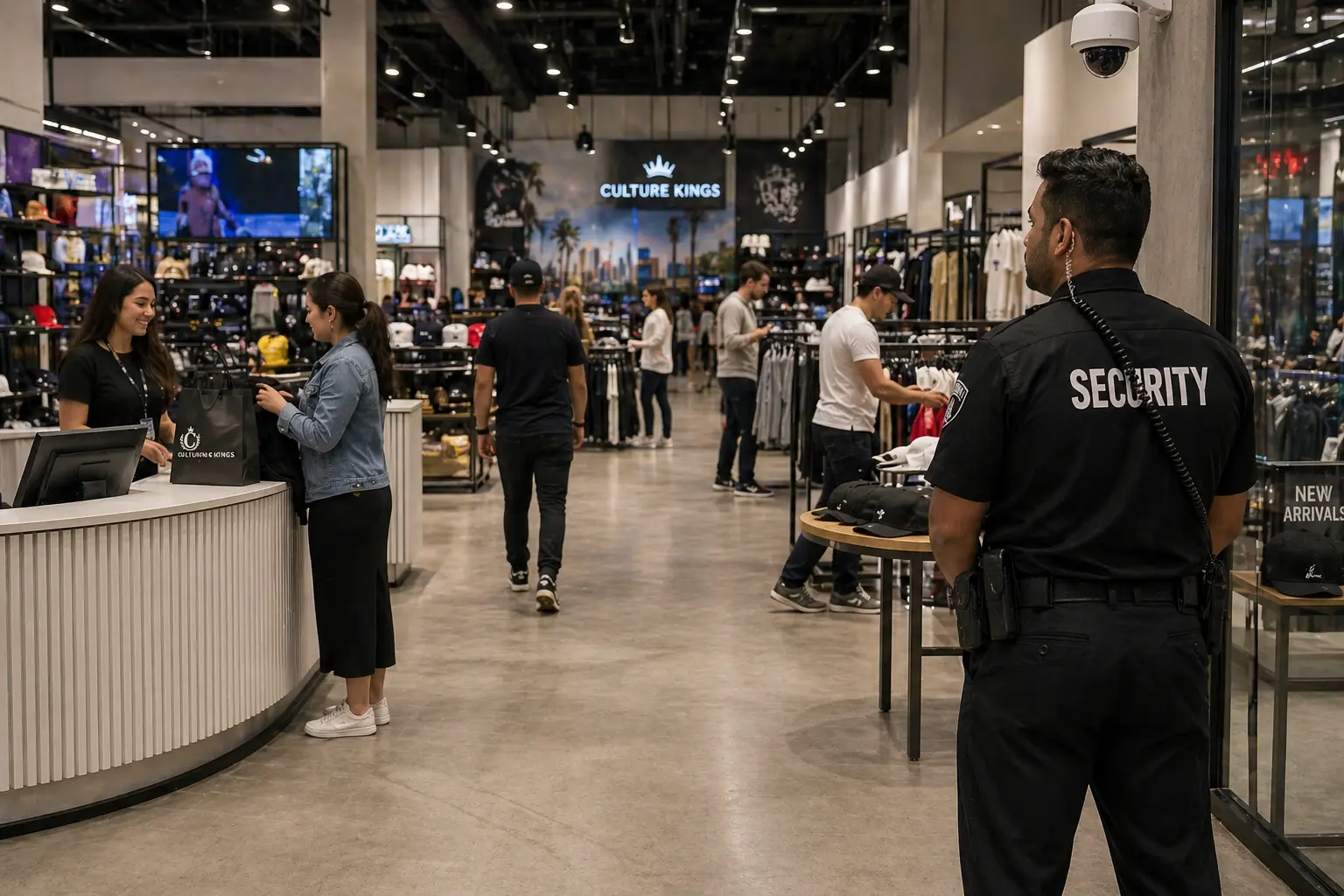 Security officer discreetly monitoring customers and store activity in a modern retail shop with surveillance cameras and organized checkout counters in Los Angeles