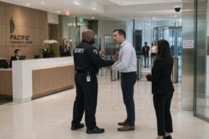 Security officer professionally de-escalating a tense workplace situation in a corporate office lobby with surveillance cameras and controlled access in Los Angeles