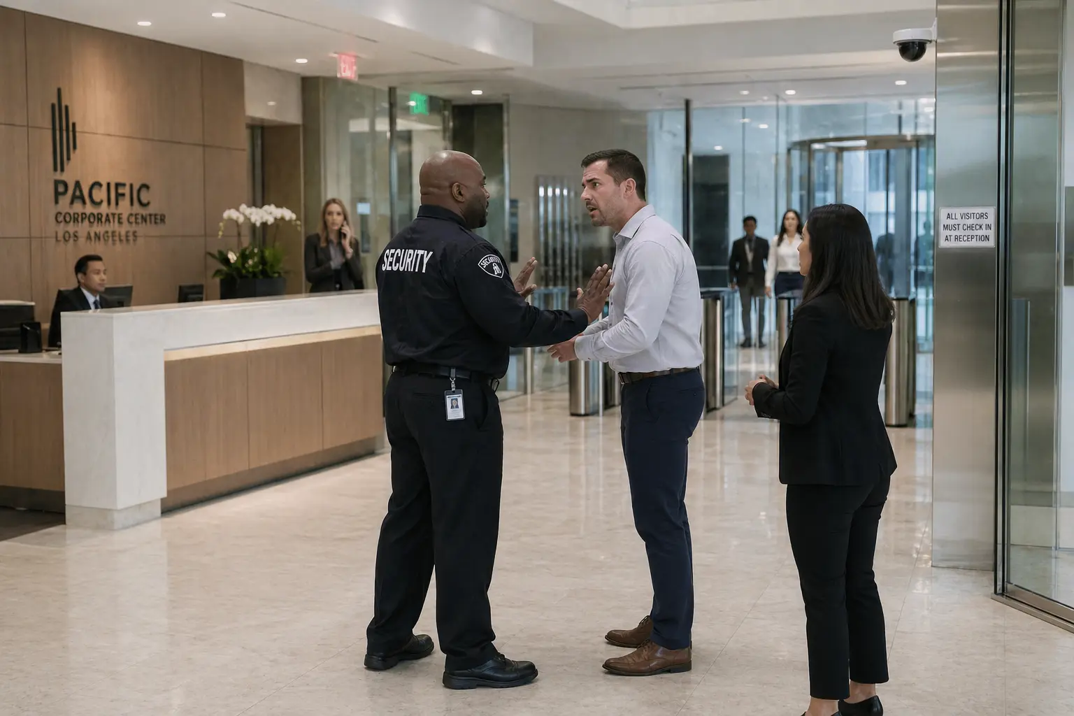 Security officer professionally de-escalating a tense workplace situation in a corporate office lobby with surveillance cameras and controlled access in Los Angeles