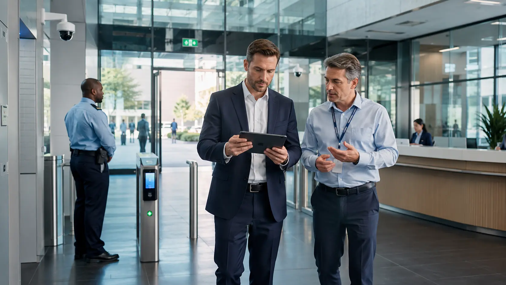 Professional security consultant conducting a commercial office building security risk assessment with a facility manager, reviewing access control, CCTV systems, and entrance security in a modern corporate office.
