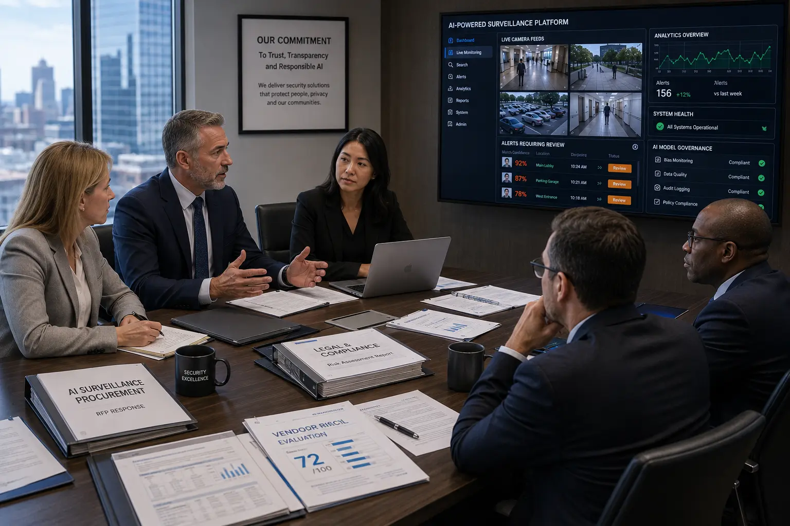 Security executives reviewing AI surveillance technology compliance, vendor risk assessment, and legal governance in a corporate boardroom