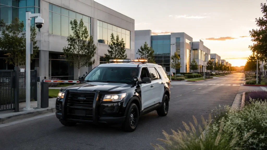 Mobile security patrol vehicle conducting routine inspections at a commercial business park.