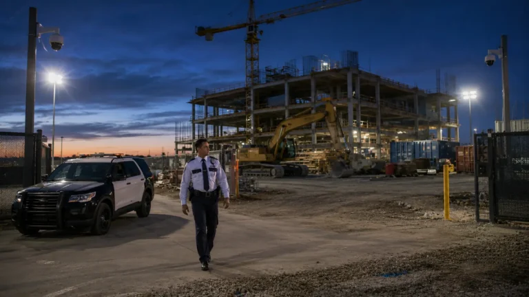 Professional security officer conducting an overnight patrol at a commercial construction site.