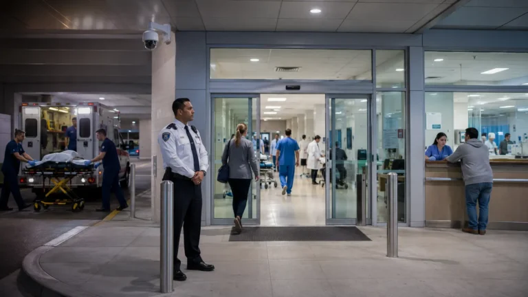 Professional hospital security officer monitoring the emergency department entrance to support patient and staff safety.