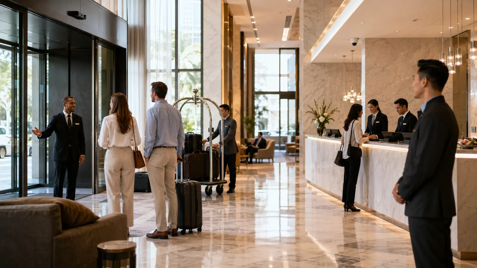 Professional hotel security officer helping guests while maintaining a safe and welcoming hotel lobby.