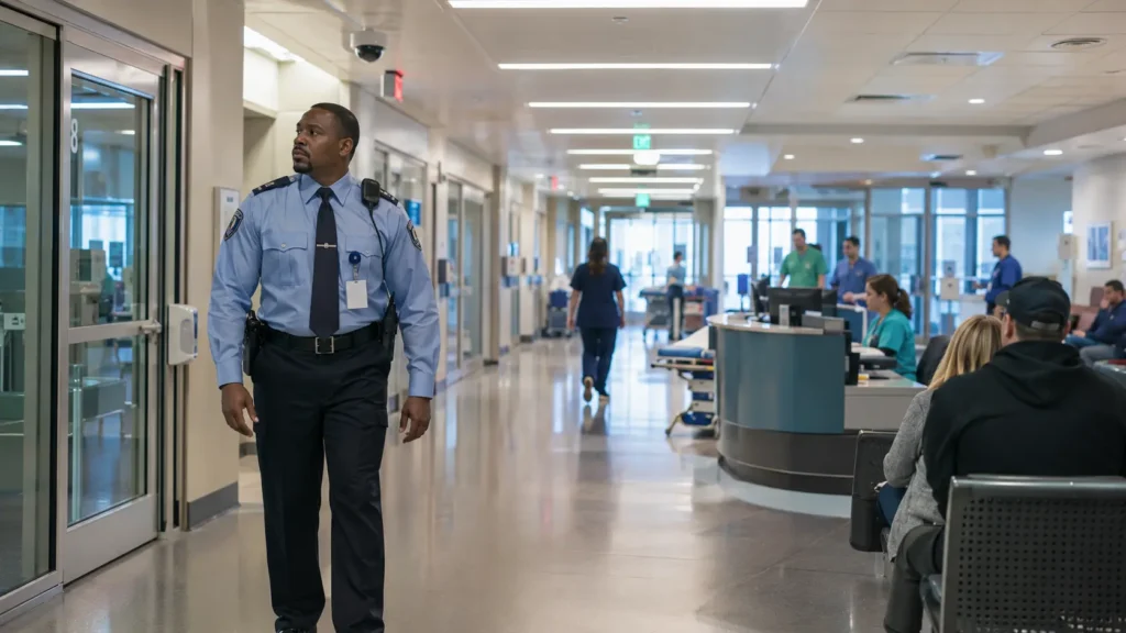 Hospital security officer conducting a routine patrol through an emergency department.