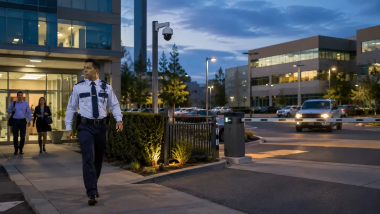Security patrol officer monitoring a commercial parking lot during evening patrol.