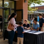 Visitor check-in and security screening at a school community event.
