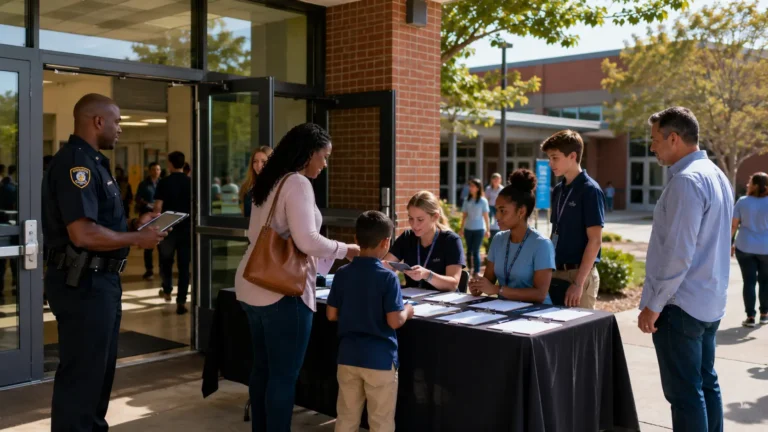 Visitor check-in and security screening at a school community event.