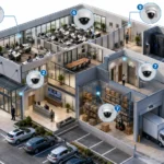 Semi-infographic showing recommended security camera placement locations throughout a commercial building.