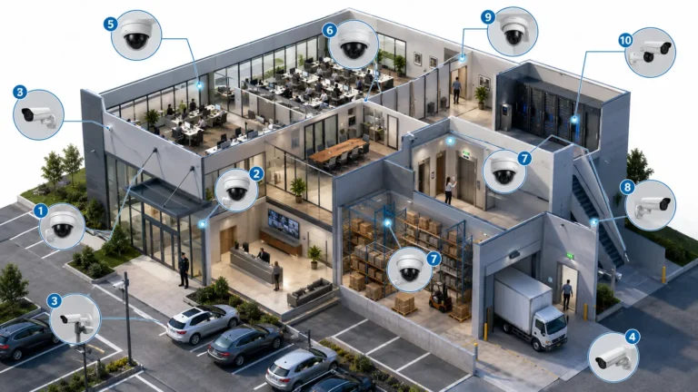 Semi-infographic showing recommended security camera placement locations throughout a commercial building.