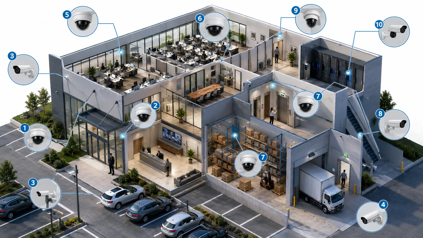 Semi-infographic showing recommended security camera placement locations throughout a commercial building.