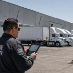 Private security supervisor inspecting cargo shipments at a Los Angeles distribution warehouse
