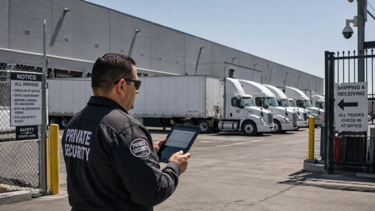Private security supervisor inspecting cargo shipments at a Los Angeles distribution warehouse