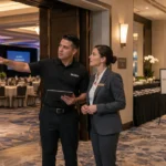Private security supervisor conducting a pre-event security walkthrough with a hotel event manager in a Los Angeles ballroom