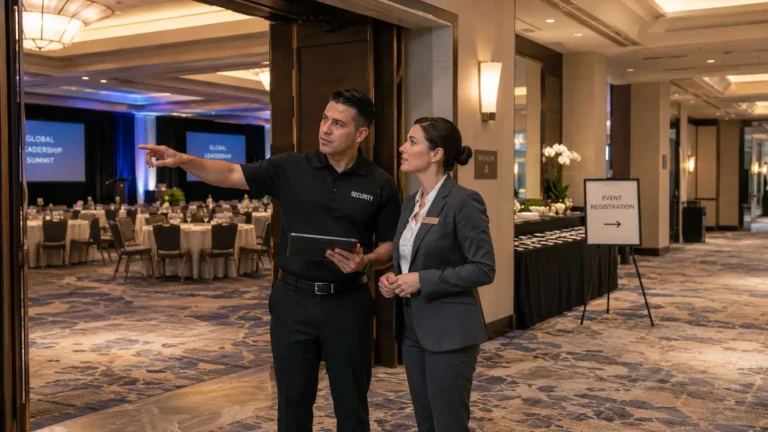 Private security supervisor conducting a pre-event security walkthrough with a hotel event manager in a Los Angeles ballroom